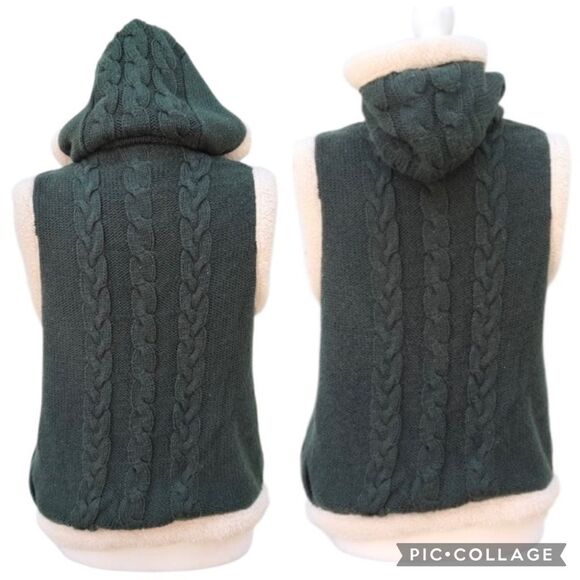 Carducci Cable Knit Green Vest Cream Faux Fur Trim Lined Hood Women’s Size Large - Picture 6 of 11